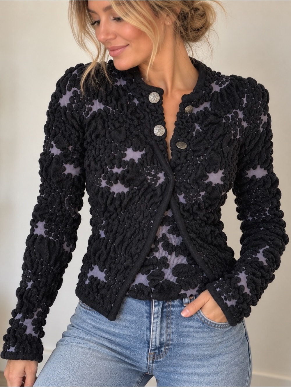 Desigual Black Purple Textured Ruched Cardigan Jacket Small